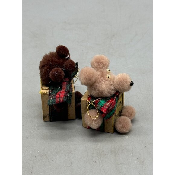 Vintage handmade Fuzzy Bear & Mouse Christmas Tree Ornaments On Alphabet Blocks - Picture 6 of 7
